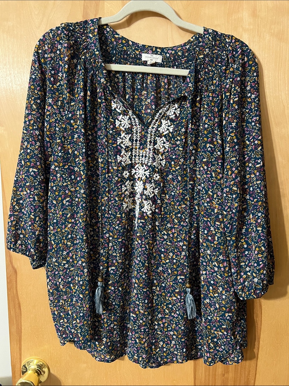 Bohemian Navy Floral Embroidered Peasant Tunic